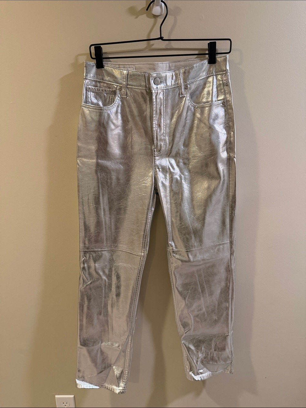 GAP Cheeky Straight High Rise Pants in Metallic Silver
